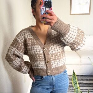 LUSH Brown and Cream Knit V Neck Cardigan
